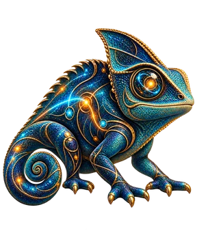 Rhéon, caméléon turquoise et or aux motifs de constellations.