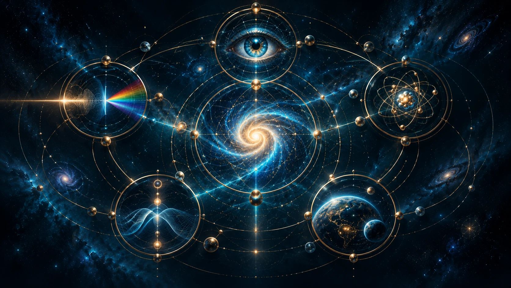 Vision artistique d’une constellation scientifique reliant lumière, œil, matière, onde, Terre et cosmos.