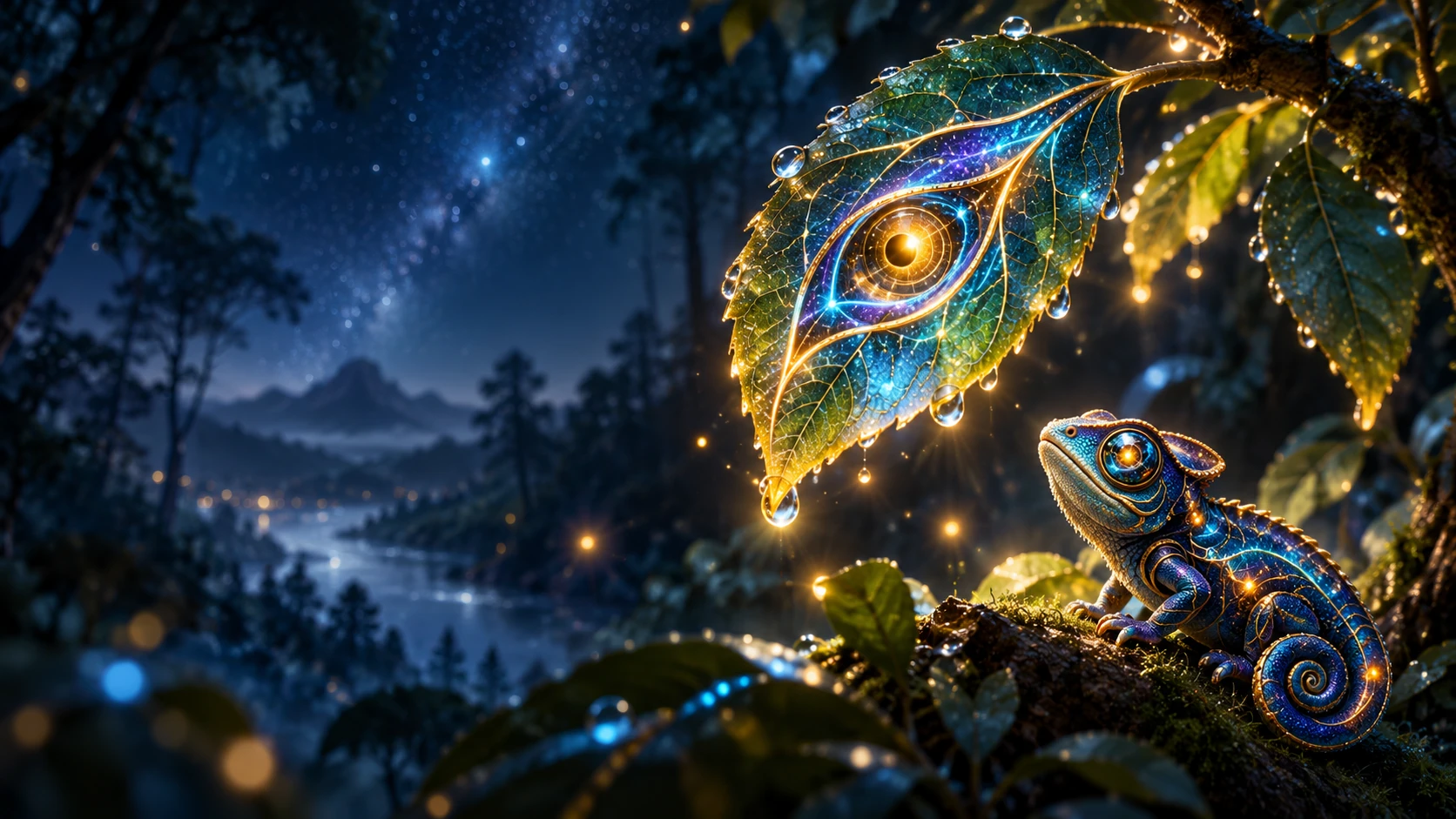 Forêt nocturne : une feuille éclairée porte un motif d’œil lumineux tandis que Rhéon l’observe.