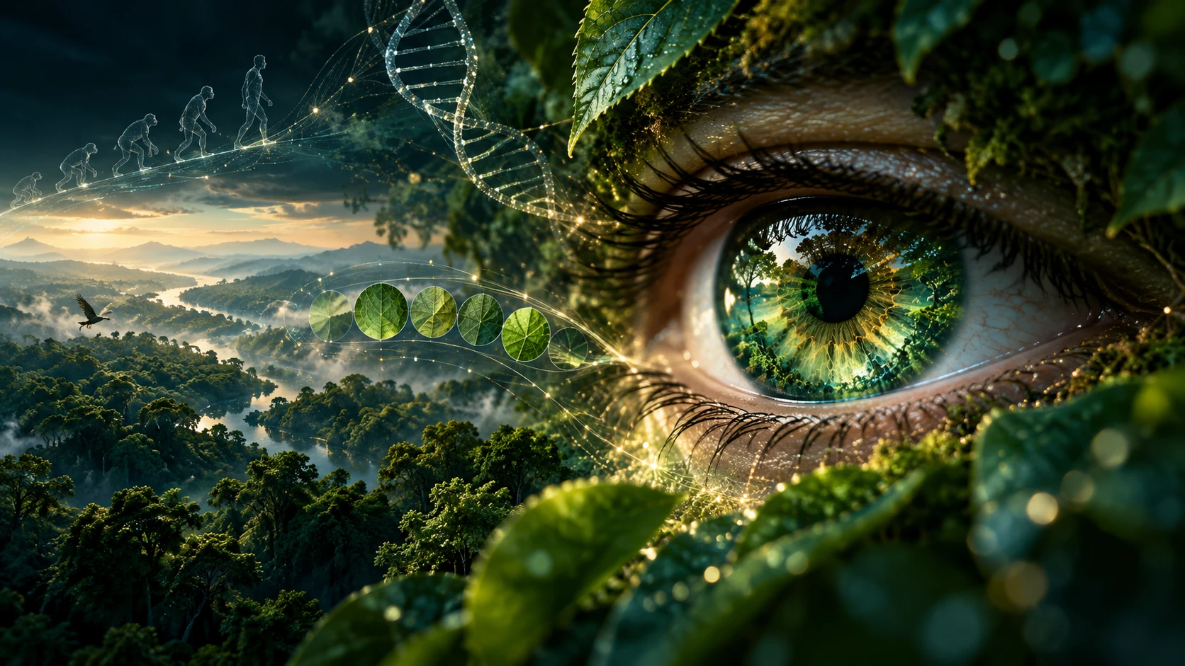 Un œil reflète une forêt, relié visuellement à l’évolution, à l’ADN et à la diversité des feuilles.