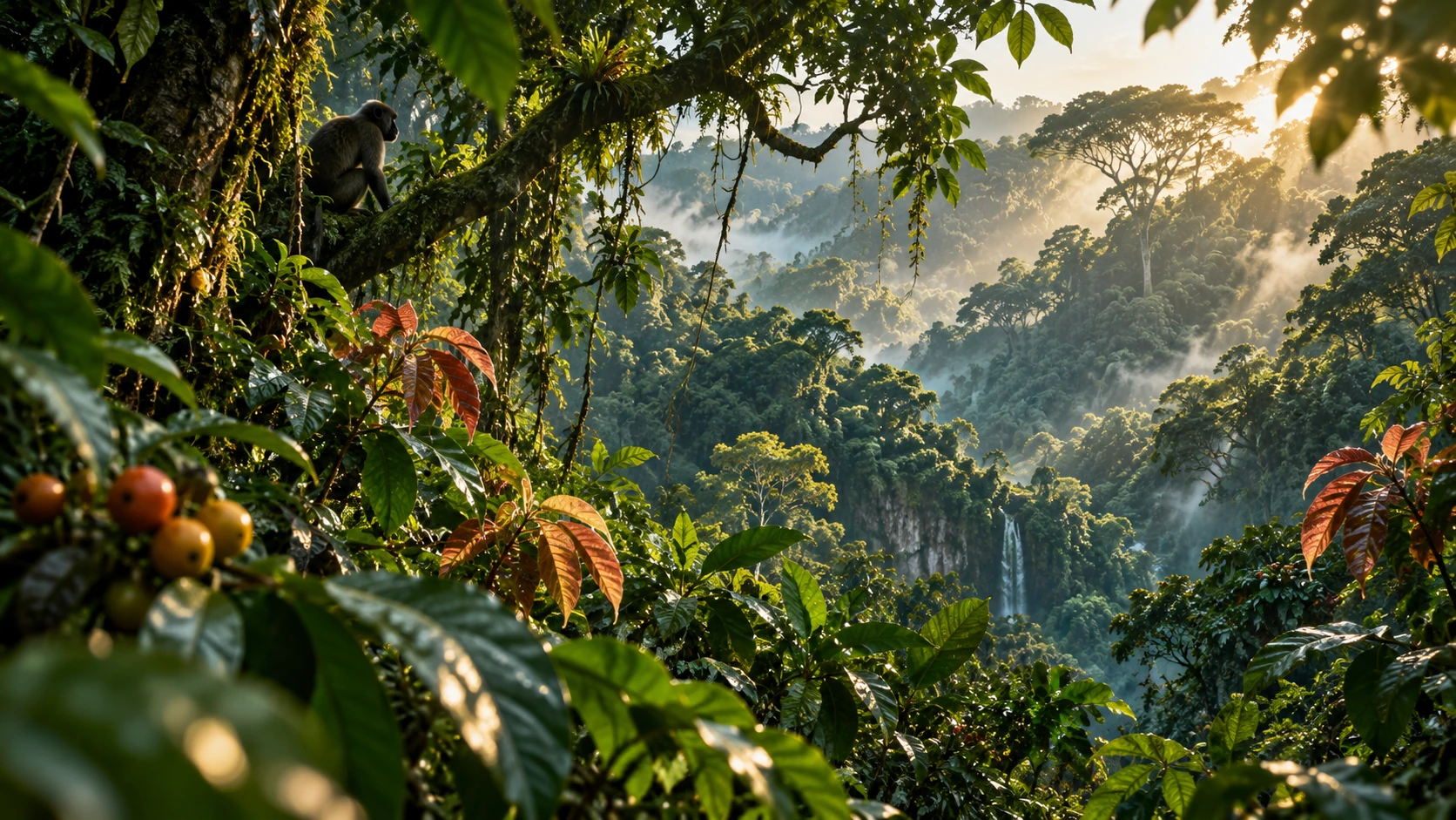 Forêt tropicale éclairée par le soleil, avec feuillage vert, jeunes feuilles rougeâtres, fruits et un primate dans les branches.