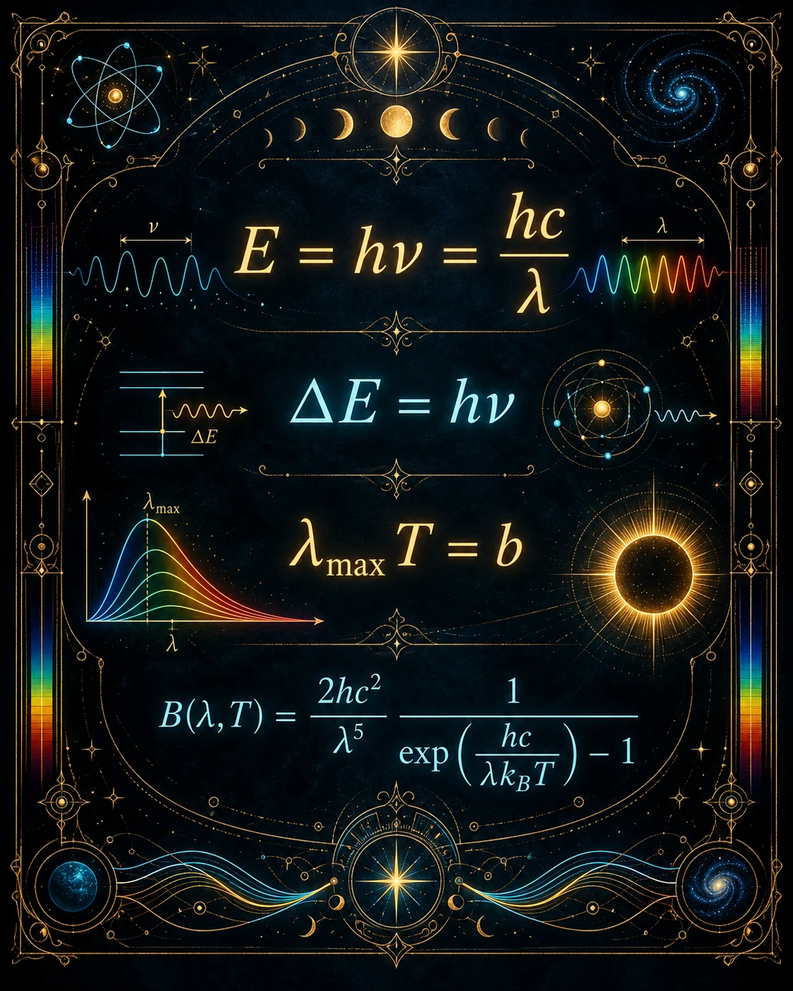 Illustration artistique d’un grimoire scientifique reliant énergie, longueur d’onde, température et rayonnement.