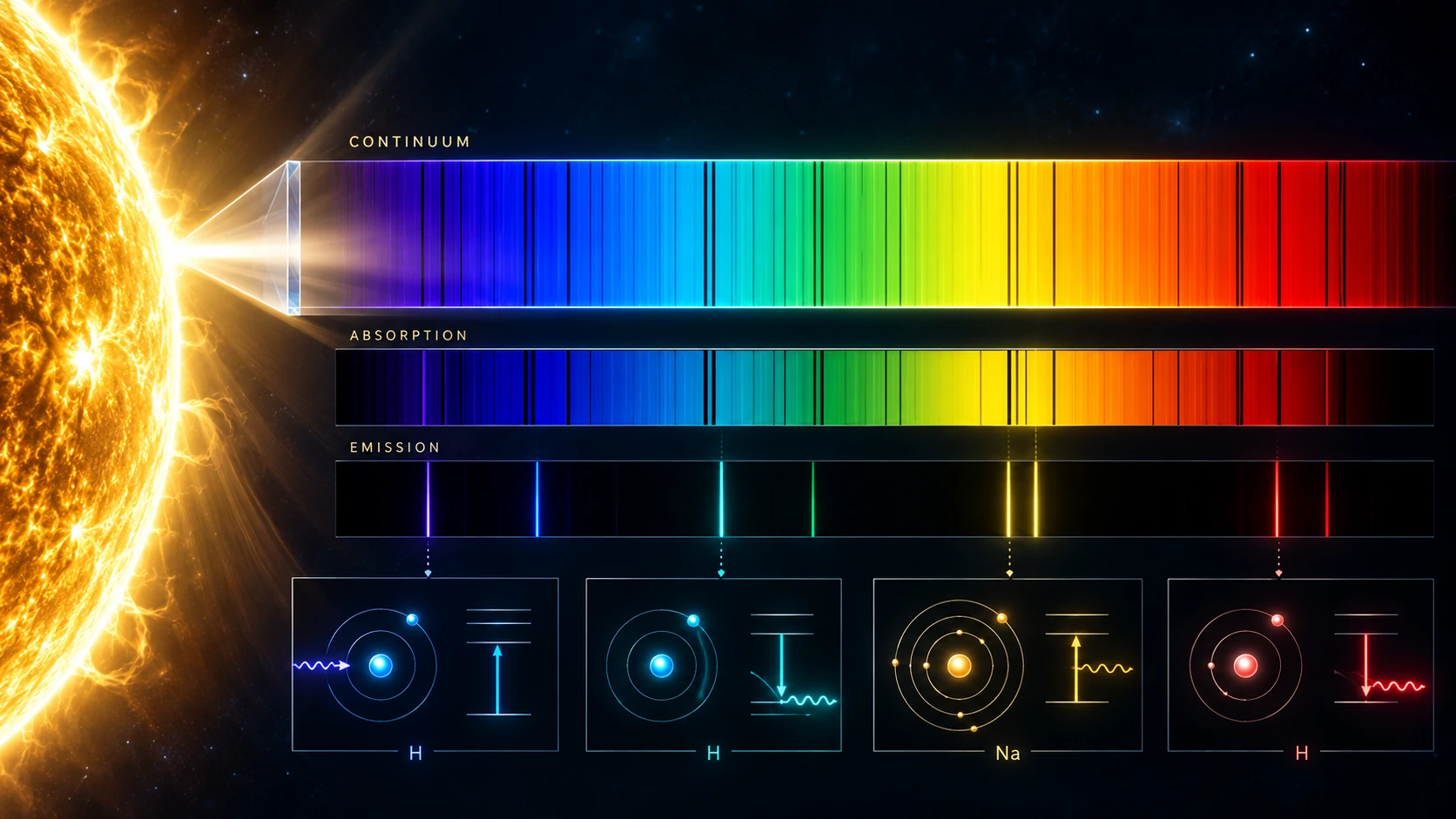 Illustration artistique du Soleil, d’un spectre continu, de raies d’absorption et d’émission et de transitions atomiques.
